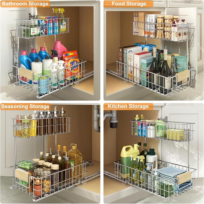 ROOMTEC Pull Out Cabinet Organizer Under Sink Slide Out Storage Shelf with 2 Tier Sliding Wire Drawer, Sliding Storage for Inside Kitchen Cabinet- 11½ in. W x 17¾ in. D (Left)