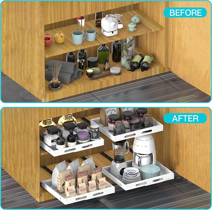 Expandable Pull Out Cabinet Organizer 21" Deep, Adhesive Pull Out Drawers For Cabinets 12.6"W - 20.5"W, No Drill Pull Out Cabinet Organizer Expandable, Expandablet Drawer For Kitchen, Pantry, Bathroom