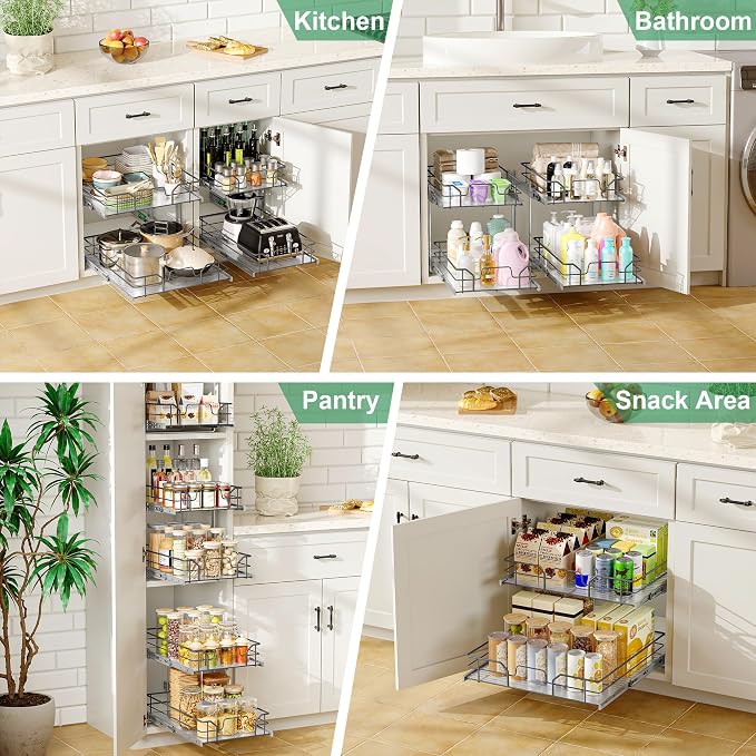 2-Tier Pull Out Cabinet Organizer (23" W x 22" D), Soft Close Cabinet Slide Out Shelves, Heavy Duty Slide Out Drawers with Shelf Liner for Kitchen Cabinets, Pantry Storage, Bathroom