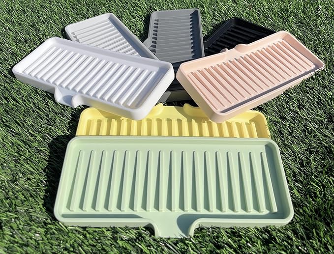 Silicone Soap Dish Tray and Sponge Holder with Drain Chute, Rectangular, Kitchen and Bathroom Sink Organizer (Grey, 9"x3.5")