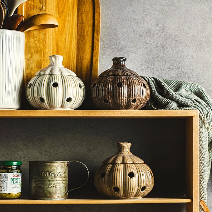 Ceramic Garlic Keeper with Lid, Large Garlic Storage Pod, Garlic Container for Kitchen Counter