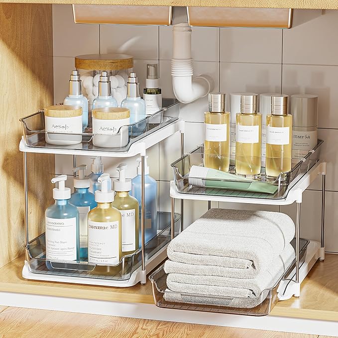 Delamu 2-Tier Multi-Purpose Bathroom Under Sink Organizers and Storage, Stackable Kitchen Pantry Organization, Pull Out Medicine Cabinet Organizer with Movable Dividers, Grey, 2 Pack