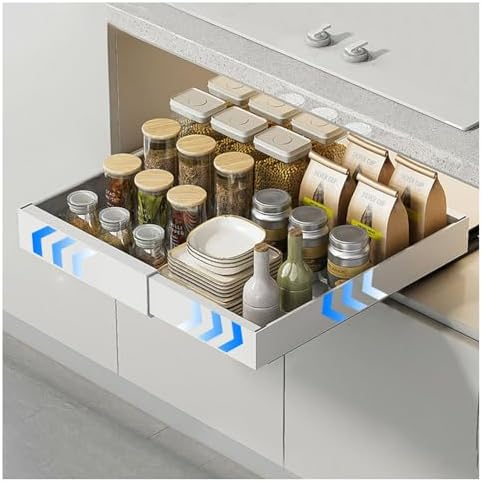Expandable Pull Out Cabinet Organizer, Heavy Duty Sliding Pantry Shelves, No Drill, Adjustable 12.6"-20.4" Width, 20.4" Depth, Kitchen Storage Solution, White