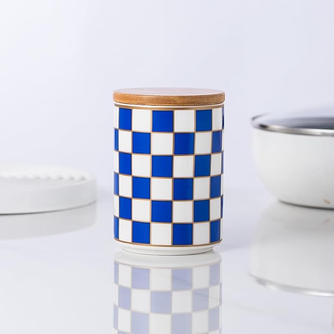 Kitchen countertop ceramic grid pattern airtight jar set - a set of 3 kitchen jars with layered shelves, sealed countertop flour and sugar containers, coffee and tea storage (Blue)