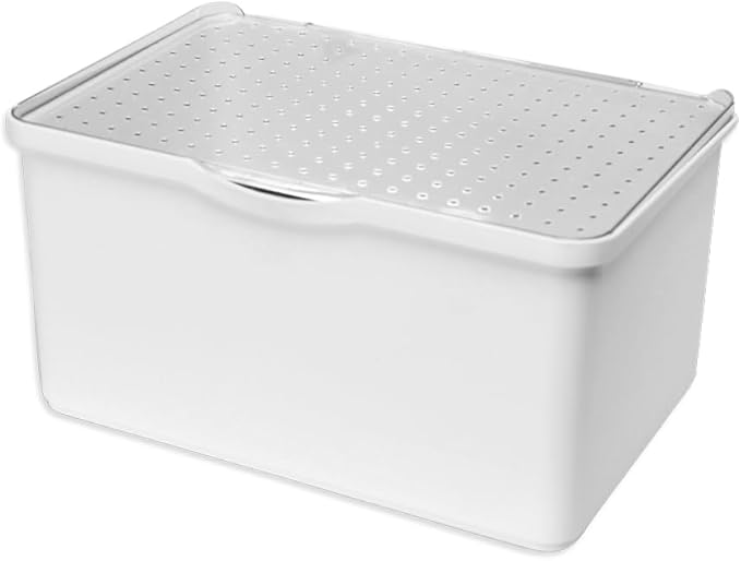 madesmart Medium Stacking Lid Bin, Clear-Lid Storage Organizer for Makeup, Cotton Balls & Bathroom Essentials, Stackable Countertop or Cabinet Bin, White