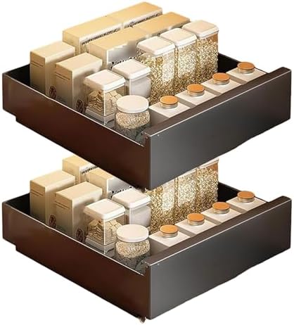 2 Pack Metal Pull Out Cabinet Organizer - Smooth Sliding Track, Removable Design for Easy Cleaning - No Drill Adhesive Slide Out Storage for Kitchen, Pantry, Bathroom Cabinets