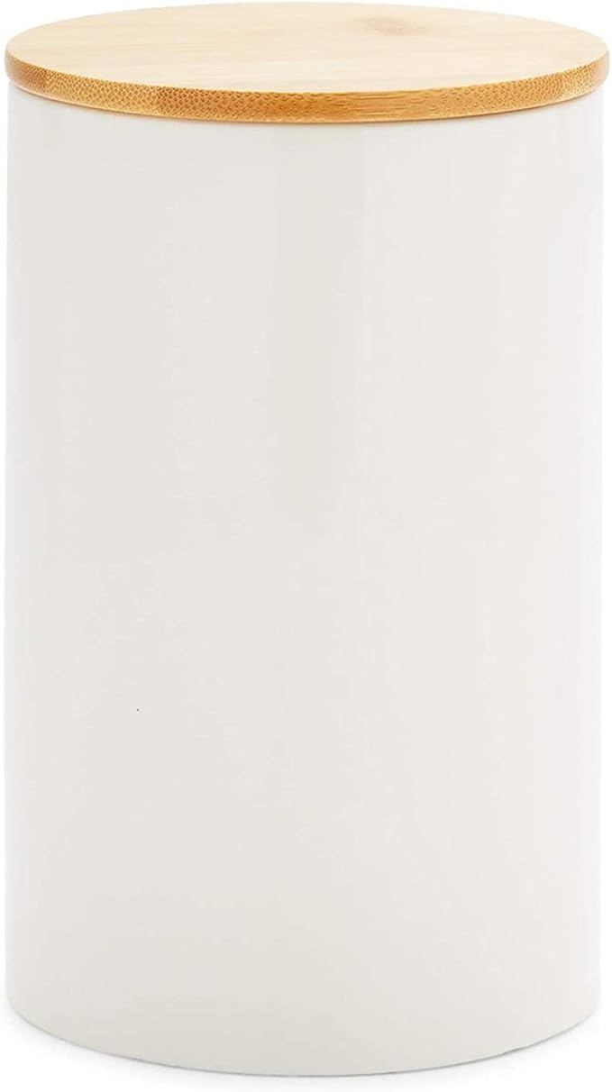 Farmlyn Creek White Ceramic Canisters - Coffee Canisters with Airtight Wood Lids - Countertop Coffee Tea Sugar Container Set - Flour & Sugar Storage Containers - 3 Pack, 4x4x5.9/4x4x4.9/4x4x3.9 in