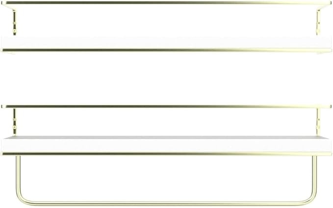 Shario White Floating Shelves - Set of 2, Wall Mounted Hanging Shelves with Golden Towel Rack, Decorative Storage Shelves for Bathroom, Kitchen, Living Room & Bedroom (White Gold, 15.7 Inches) | Hanging Shelves
