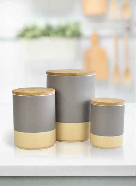 Canisters Sets for Kitchen,Set of 3 Ceramic Kitchen Canisters Food Storage Jar with Airtight Wood Lids,for Flour Cereal Sugar Tea Coffee Beans Snacks Containers(Gray)