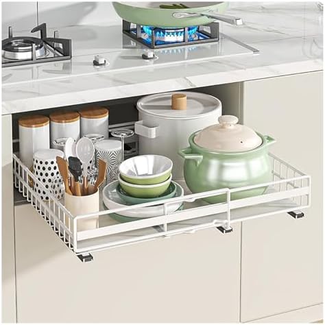 Expandable Pull Out Cabinet Organizer (31-51cm) - Slide Out Drawer with 3 Rails, Easy Adhesive/Screw Installation, No Drill Roll-Out Shelves for Kitchen Storage Solutions
