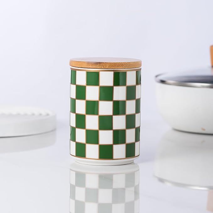 Kitchen countertop ceramic grid pattern airtight jar set - a set of 3 kitchen jars with layered shelves, sealed countertop flour and sugar containers, coffee and tea storage (Green)