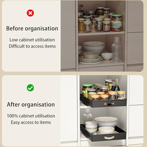 2 Pack Pull-Out Cabinet Organizers for Kitchen Base Units, Chrome-Plated Steel, No-Drill Design, Kitchen, Pantry & Bathroom Storage Solutions