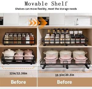 2 Pack Expandable Pull out Cabinet Organizer, Width (13"-21") Pull Out Drawers for Cabinets, Full Extension Upgrade 3 Slide Rails Slide Out Drawers, No Drill Adjustable Roll Out Shelves (Black)