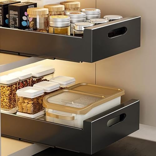 2PCS Heavy Duty Pull Out Cabinet Shelves - Drill-Free Slide Out Storage Drawers for Kitchen & Bathroom - 40cm Black Solution，Black 25cm