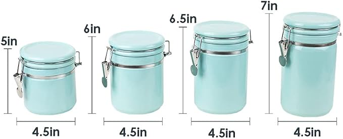 Canister Sets For The Kitchen (4 Piece) Turquoise, High Gloss Ceramic | By Home Basics | Decorative Set | With Wooden Spoons, Countertop For Flour, Sugar, Coffee, and Snacks