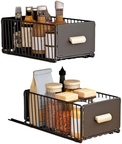 2 Pack Under Sink Pull Out Cabinet Organizer - No Drilling, Adhesive Strips, Silent Full Extension Slides for Easy Storage and Access - Slide Out Drawer Solution