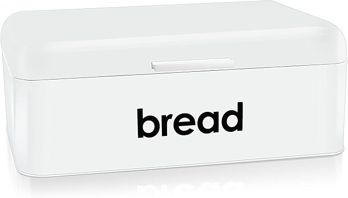 E-far Vintage Bread Box for Kitchen Countertop, White Metal Bread Storage Container Retro Bread Bin for Pastries/Loaves/Dry Food, Large Capacity & Modern Design (16.7” x 9” x 6.4”)