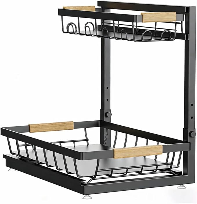 2-Tier Multi-Purpose Bathroom Under Sink Organizers and Storage, Black Adjustable Rack with Wooden Handles for Stackable Kitchen Pantry Organization
