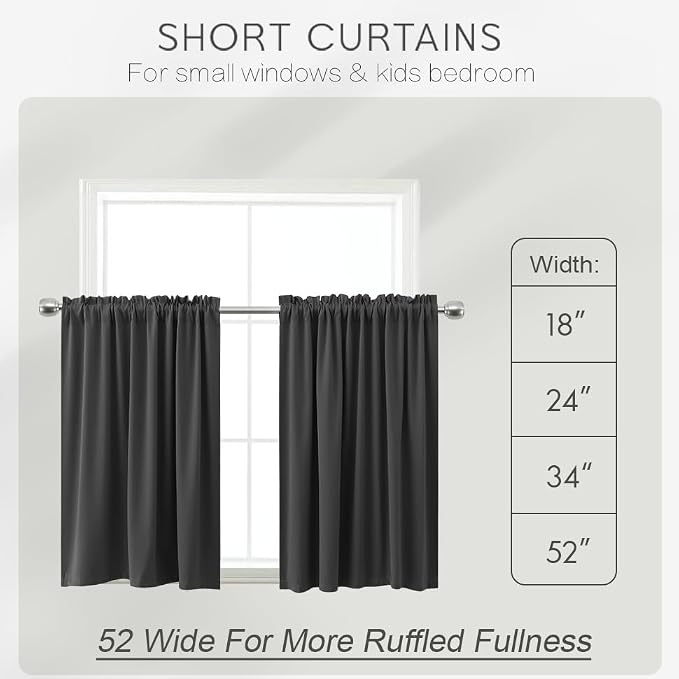 KOUFALL Dark Grey Small Curtains for Bathroom Windows Rod Pocket Storage Under Cabinet Covers for Kitchen Grey 24 Inch Length