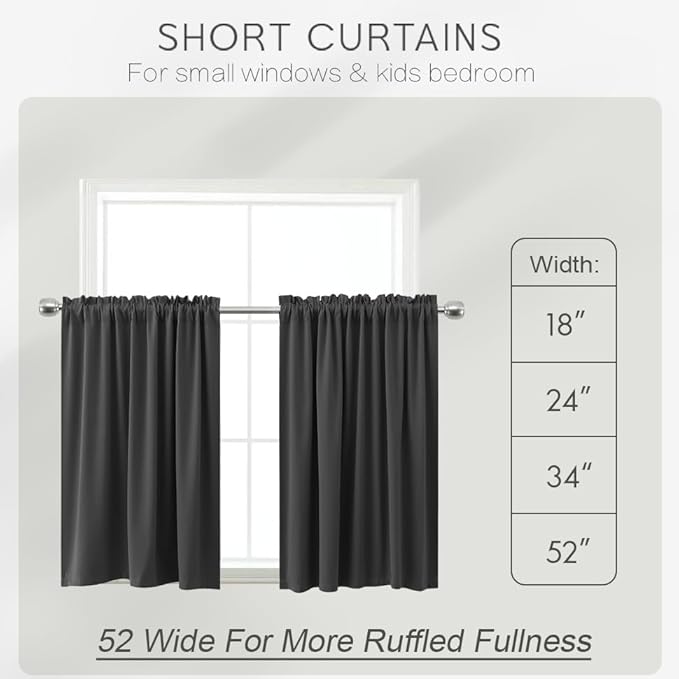 KOUFALL 34 Inch Small Window Curtains, Blackout Thermal Curtains for Kitchen Bathroom, 24W x 34L, Grey