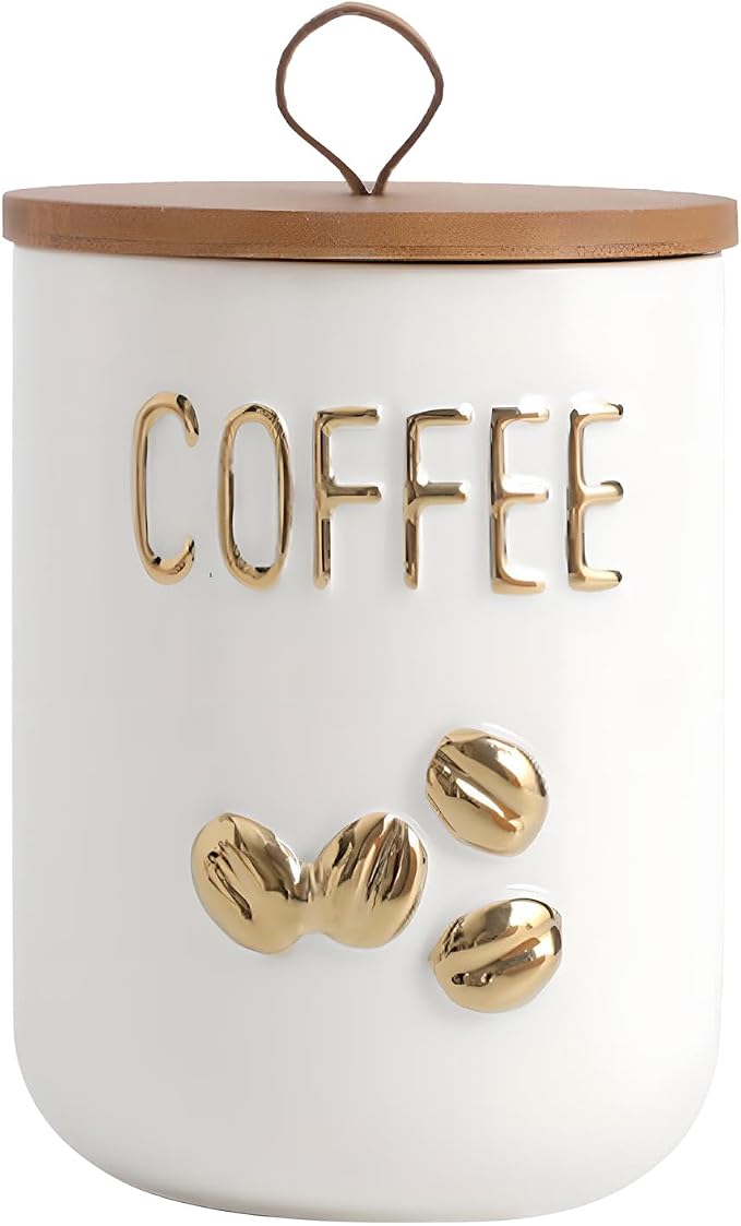 YYW Kitchen Canisters for Countertop, White Airtight Ceramic Canister with Seal Wooden Lid Storage Container for Coffee Bean Ground Coffee Sugar and Tea (White(coffee))