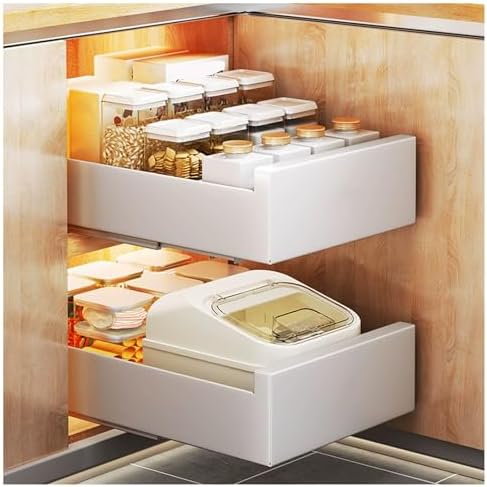 2 Pack Metal Pull Out Cabinet Organizer with Smooth Sliding Track, Removable Design for Easy Cleaning, No Drill Adhesive, Ideal for Kitchen, Pantry & Bathroom Storage