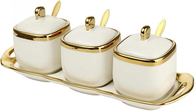 Porcelain Condiment Jar Spice Container with Tray Ceramic Serving Spoon and Lid, Spice Sugar Ceramic Condiment Pot Creative Seasoning Box for Your Home, Kitchen, Counter (White)