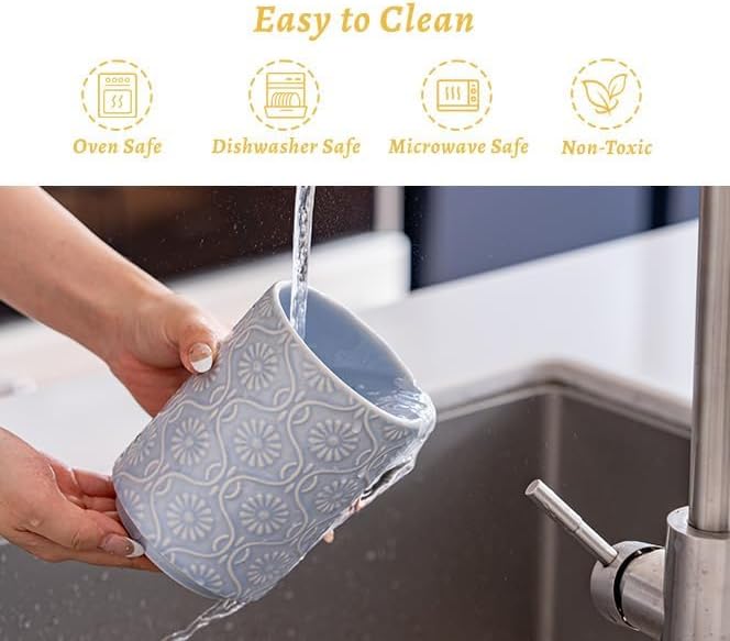 TEATALK Ceramic Utensil Holder Set, 360° Rotating Organizer for Countertop, Farmhouse Vintage Style, Large and Small Crocks in Light Blue 7.7"+5.7", Light Blue