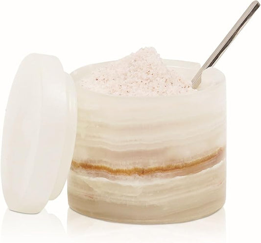 Marble Salt Cellar 3 Inch Cream Onyx Salt Containers for Countertop, Sugar Bowl With Lid, Salt Holder, Spice Jars, Salt Box for Seasoning Storage Container, Salt Dish for Kitchen Decor