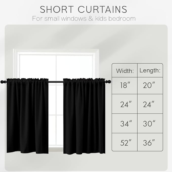 KOUFALL Short Curtains for Small Window, 24x24 Blackout Thermal Insulated Curtains for Boys Bedroom, Width 24 x 24 Inch Length, Black