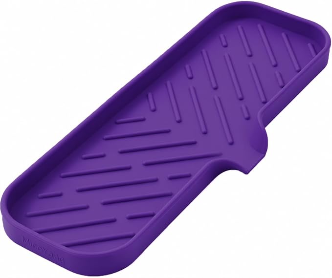 MicoYang Silicone Soap Dish with Drain Spout — Self-Draining Double Sink Organizer Tray for Kitchen & Bathroom, Dispensers, Sponges & Soap Holder, Non-Slip & Dishwasher Safe, Purple (Large, 12"×4")