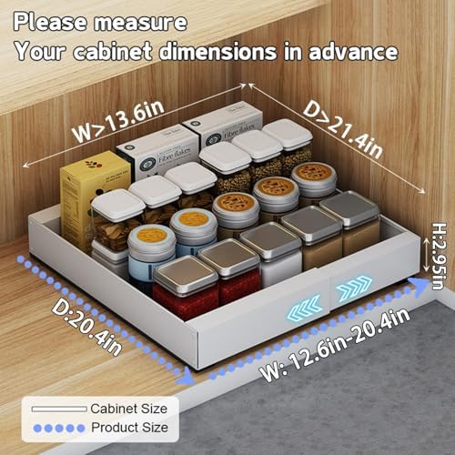 Expandable Pull-Out Cabinet Organizer, Kitchen Storage Solution, Extendable Sliding Pantry Shelves, No-Punch Heavy Duty Design, Fits 12.6-20.4" W x 20.4" D (White)