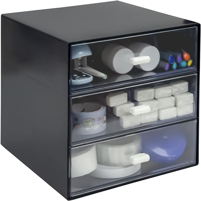 Desk Organizer with Drawer, Desk Storage Box, Plastic Office Stationery Supplies Organizers, Desktop Organizer for Office School Home (3 drawer, Black)