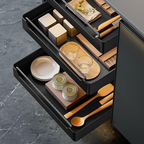 Expandable Pull-Out Cabinet Organizer, Stainless Steel Slide-Out Drawers for Kitchen, Bathroom, Pantry, and Office, No Drilling Required, Adjustable Storage Shelves(43 * 30 * 7cm)