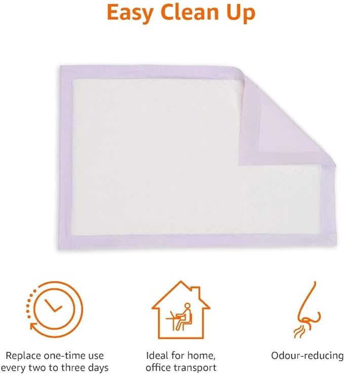 Amazon Basics Cat Pee Pads, Super Absorbent, Odor Control with Lemon Scent, Universal Fit for Cat Litter Box System, Multi Cat, Disposable, White/Purple, 100 Count