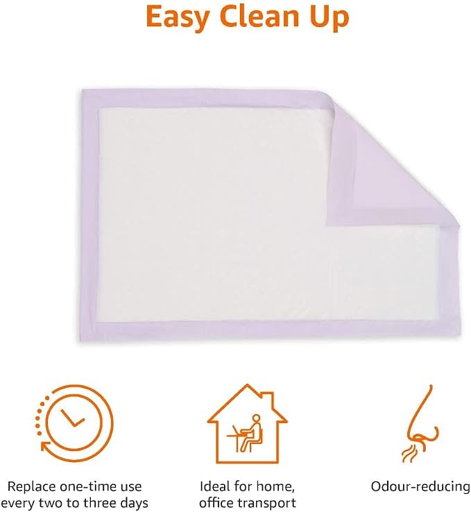 Amazon Basics Cat Pee Pads, Odor Control, Super Absorbent, Disposable, Universal Fit for Litter Box, Lemon Scent, White/Purple, 60 Count