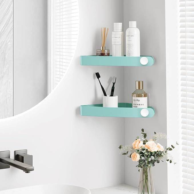 Sotfamily Plastic Shower Caddy Corner (for 90° Only), 2 Pack Adhesive Corner Shower Shelves for Bathroom Organizers and Storage, Turquoise