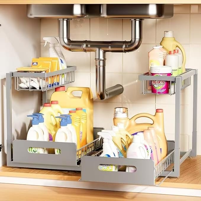 Under Sink Organizer,Metal Pull Out Cabinet Organizer Shelf,Kitchen Bathroom Organizers with Sliding Drawer,Storage Shelves,Storage and Organization for Home,Laundry,RV,Pantry,Spice,Light Grey,2 Pack