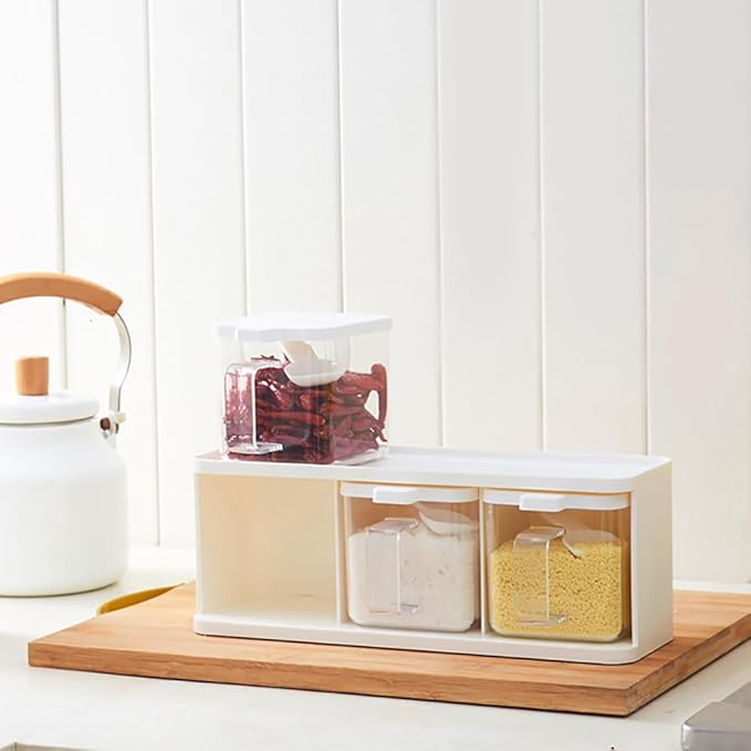 Hedume 2 Pack 3 Grids Clear Seasoning Box with Handle and Spoon, Seasoning Storage Container Rack Combo Set with Removable Cruet Jars for Spice Salt Sugar