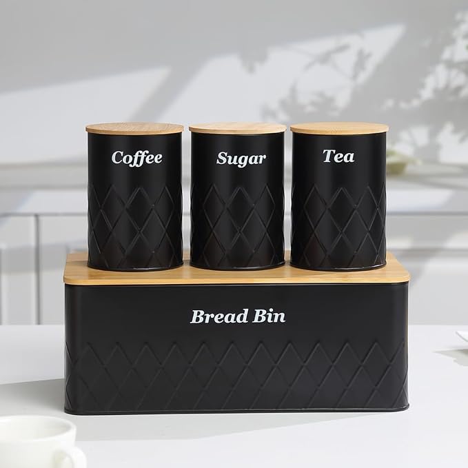 Black Bread Box for Kitchen Countertop, Coffee Tea Sugar Container with Bamboo Lid(1 Bread Bin & 3 Canisters)