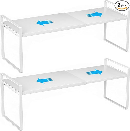 Expandable Cabinet Shelf Organizer, 2 Pack Stackable Metal Storage Rack, Adjustable Width & Height Countertop Spice Rack, Heavy Duty Pantry Cupboard Under Sink Organizer for Kitchen Office