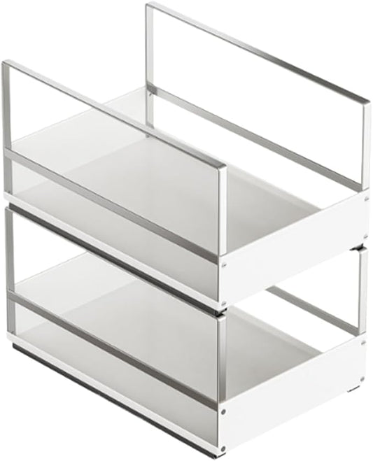 Pull Out Cabinet Organizer with Adhesive Nano Film, Heavy Duty Slide Out Pantry Shelves Drawer Storage, Under Sink Organizers for Bathroom, Kitchen (White,Stackable-11”W x 16.54”Dx 16.54”H)