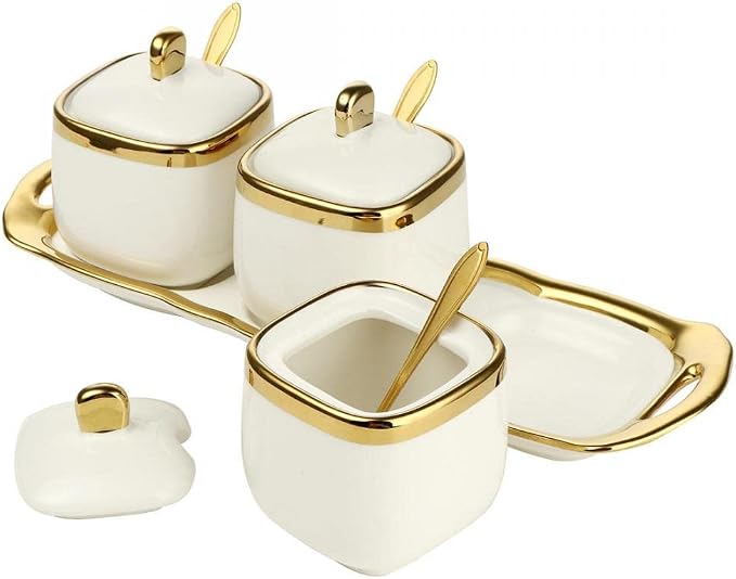 Porcelain Condiment Jar Spice Container with Tray Ceramic Serving Spoon and Lid, Spice Sugar Ceramic Condiment Pot Creative Seasoning Box for Your Home, Kitchen, Counter (White)