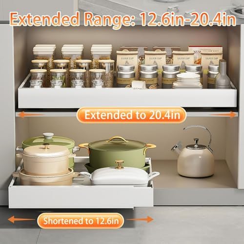 Expandable Pull-Out Cabinet Organizer, Sliding Pantry Shelves for Kitchen Storage, No-Punch Heavy-Duty Design, Fits 12.6-20.4" W x 20.4" D (White)