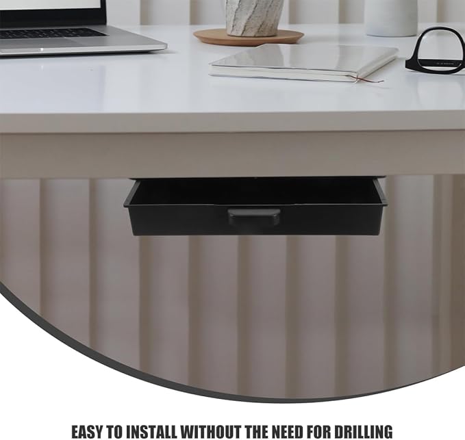 Luxshiny 2pcs No Drill Slide Out Drawer Under Desk Organizer Black Self-adhesive Storage Boxes for Pencil and Cosmetic Supplies Pull Out Drawers for Home and Office Desk Storage