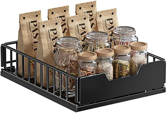 Pull Out Cabinet Organizer, Metal Slide Out Drawers for Kitchen Cabinets, Pantry Pull Out Shelves, Adjustable Drawers for Cupboard with Adhesive Film for Bathroom Black