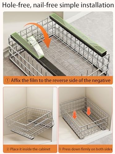 2 Pack Stainless Steel Pull Out Cabinet Organizer, No Drill Adhesive Storage Solution with Silent Full Extension Slides for Kitchen, Pantry, Bathroom Use