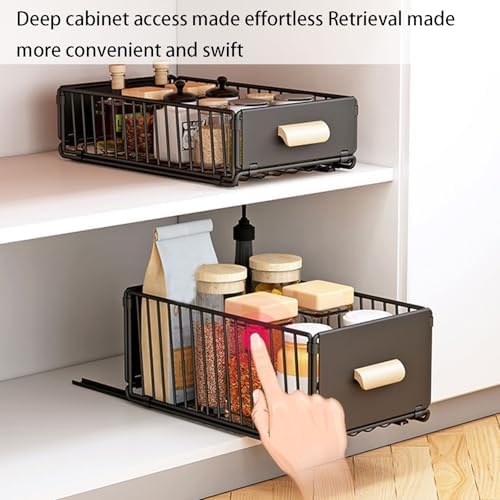 2 Pack Under Sink Pull Out Cabinet Organizer - No Drilling, Adhesive Strips, Silent Full Extension Slides for Easy Storage and Access - Slide Out Drawer Solution