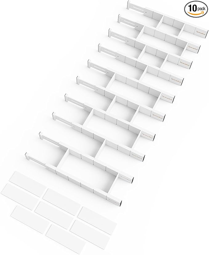 SpaceAid Bamboo Drawer Dividers with Inserts and Labels, Kitchen Adjustable Drawer Organizers, Expandable Organization for Home, Office, Dressers, 10 Dividers with 24 Inserts (17"-22" White)