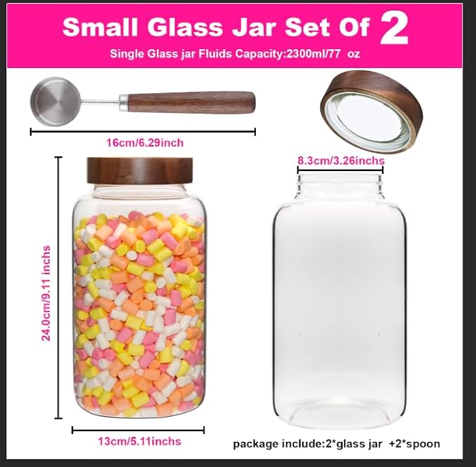 Glass Coffee Jars Spice Jar Round Storage Canister with Wooden Lid Clear Glass Food Jar for Pantry Sugar Tea Coffee Bean Spice Nuts Cookies Bath Salts (2300ml/77oz-2PACK(with spoon)